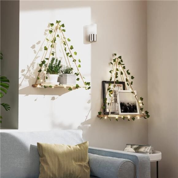 Artificial Ivy LED-Strip Wall Hanging Shelves Set of 2,Macrame Shelf for Bedroom - Picture 2 of 7
